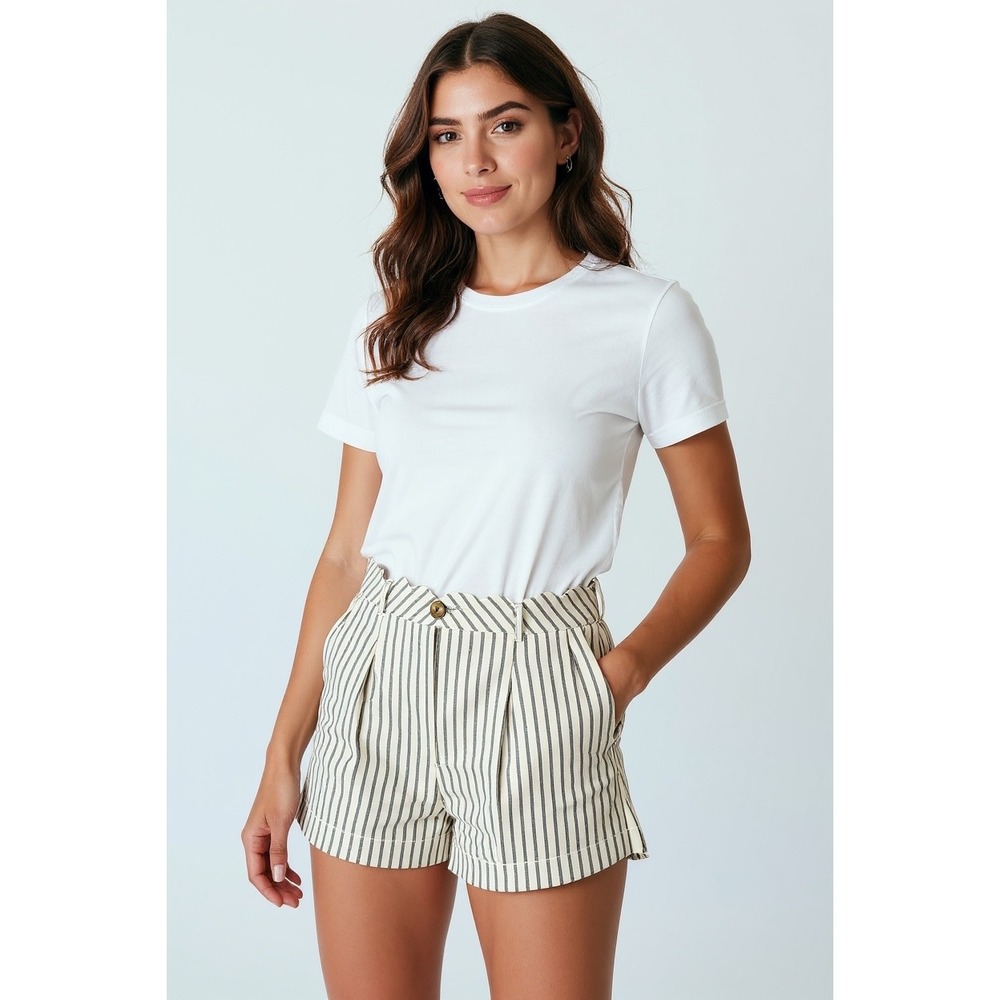 Mi Ami Striped Scalloped High Rise‎ Shorts Women Size L White Navy Linen Blend